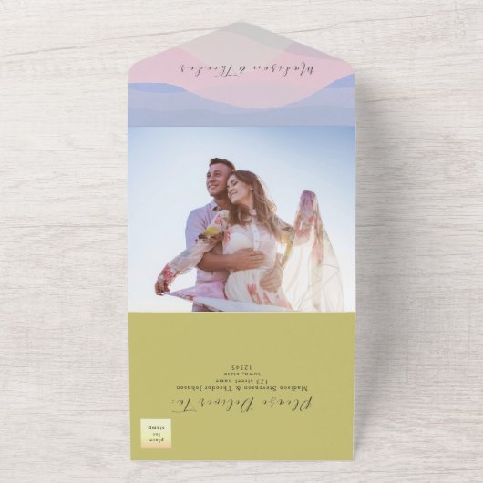 Moderne Boho Kleurrijke Fotobruiloft All In One Uitnodiging (Buitenkant)