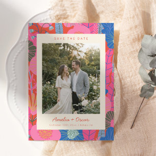 Moderne Boho Kleurrijke Rode Bloem Foto Bruiloft Save The Date