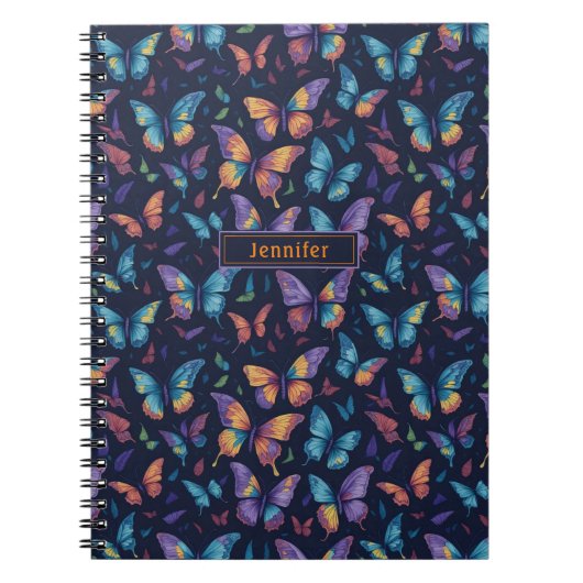 Moderne Boho Kleurrijke Vlinders Patroon Naam Notitieboek (Voorkant)