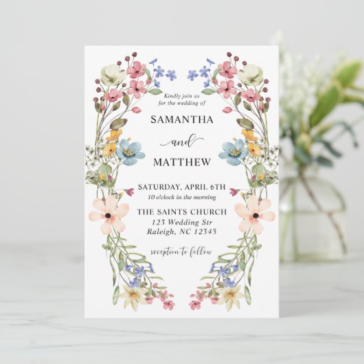 Moderne Boho Kleurrijke Wildflower Bloemen Bruilof Kaart (Staand voorkant)