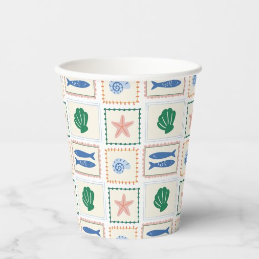 Moderne Boho Kust Pastel Schelp Patroon Papieren Bekers (Voorkant)