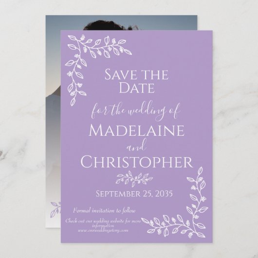 Moderne Boho Lavendel Botanische Fotobruiloft Save The Date (Voorkant / Achterkant)