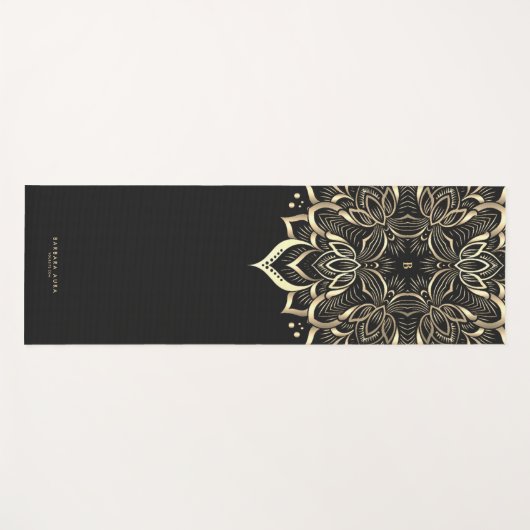 Moderne Boho Lotus Zwart Goud Mandala Monogram Yogamat (Voorkant (horizontaal))