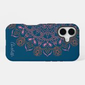Moderne Boho Mandala Medaillon Teal Script Naam iPhone 16 Hoesje (Achterkant horizontaal)