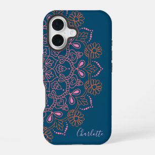 Moderne Boho Mandala Medaillon Teal Script Naam iPhone 16 Hoesje
