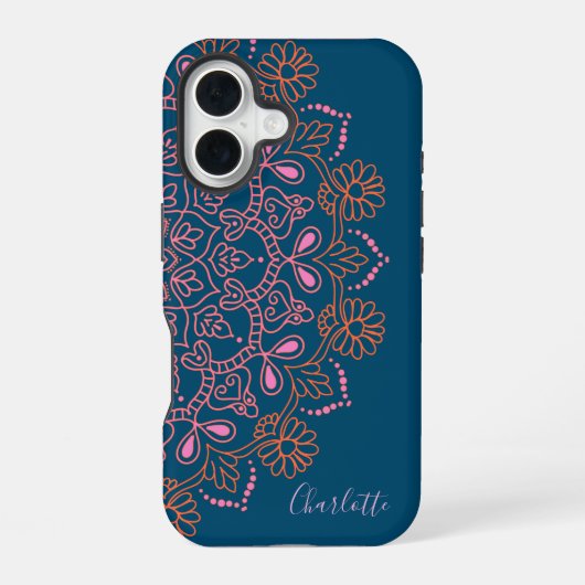 Moderne Boho Mandala Medaillon Teal Script Naam iPhone 16 Hoesje (Achterkant)
