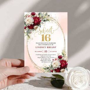 Moderne Boho Merlot Gouden Bloemrijke Sweet Sixtee Kaart