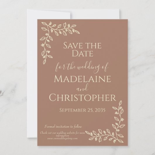 Moderne Boho Mocha Mousse Botanische Fotobruiloft Save The Date (Voorkant)