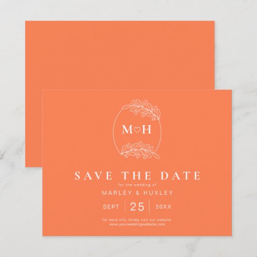 Moderne Boho Monogram Koraal Roze Sinaasappel Huwe Save The Date (Voorkant / Achterkant)