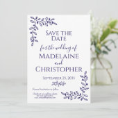 Moderne Boho Navy Blauwe Botanische Foto Huwelijk Save The Date (Staand voorkant)