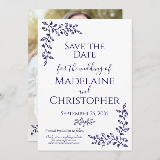 Moderne Boho Navy Blauwe Botanische Foto Huwelijk Save The Date (Voorkant / Achterkant)