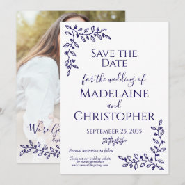 Moderne Boho Navy Blauwe Botanische Foto Huwelijk Save The Date