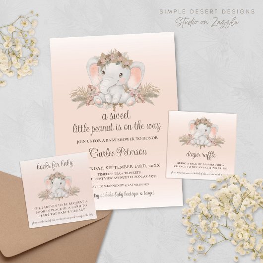 Moderne Boho Olifant Baby shower Luier Raffle Informatiekaartje