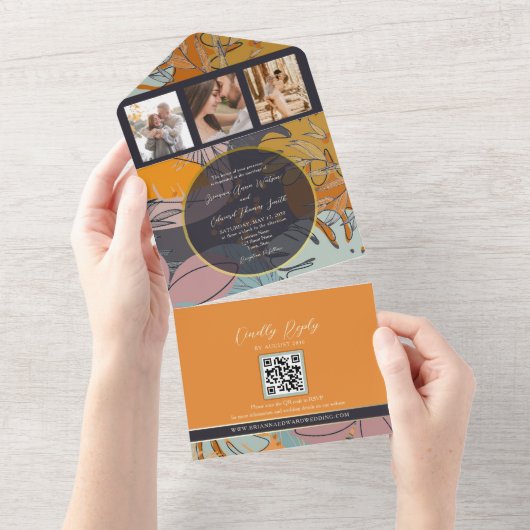 Moderne Boho Oranje Bruiloft All In One Uitnodiging (Afscheurbaar)