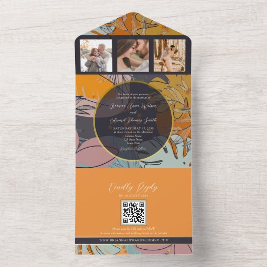 Moderne Boho Oranje Bruiloft All In One Uitnodiging (Binnen)