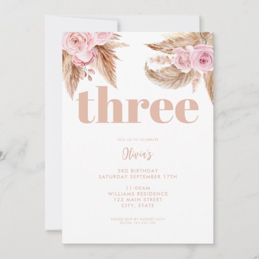 Moderne Boho Pampas Floral 3e verjaardag Kaart (Voorkant)