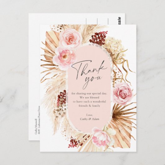 Moderne Boho Pampas gras bloemboog dank u Briefkaart (Voorkant / Achterkant)