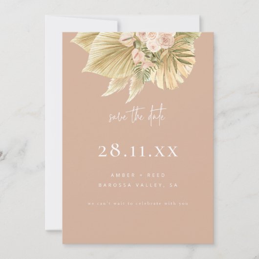 Moderne Boho Pampas Grass Bloemen Blush Roze Save The Date (Voorkant)