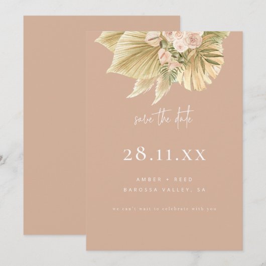 Moderne Boho Pampas Grass Bloemen Blush Roze Save The Date (Voorkant / Achterkant)