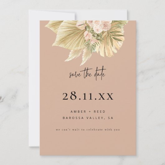 Moderne Boho Pampas Grass Bloemen Blush Roze Save The Date (Voorkant)