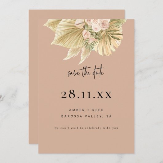 Moderne Boho Pampas Grass Bloemen Blush Roze Save The Date (Voorkant / Achterkant)