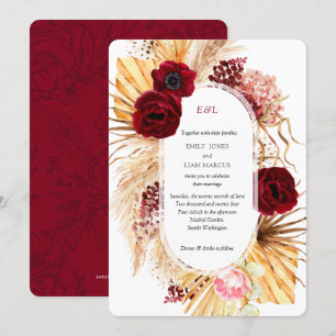 Moderne Boho Pampas Grass Bourgogne Bloemen Huweli Kaart
