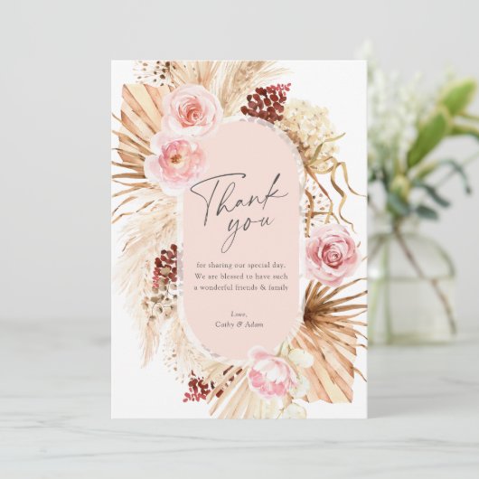 Moderne Boho Pampas Grass Waterverf Bloemenbruilof Bedankkaart (Staand voorkant)