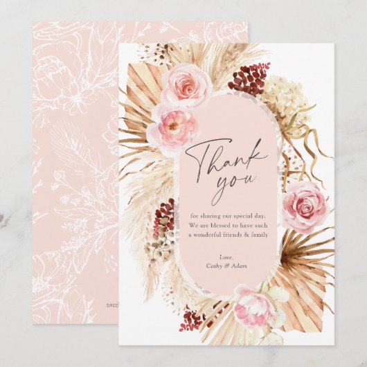 Moderne Boho Pampas Grass Waterverf Bloemenbruilof Bedankkaart (Voorkant / Achterkant)