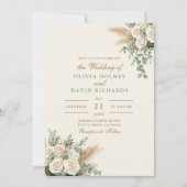Moderne Boho Pampas Grass & White Rose Wedding Kaart (Voorkant)