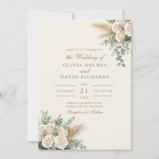 Moderne Boho Pampas Grass & White Rose Wedding Kaart (Voorkant)