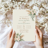 Moderne Boho Pampas Grass & White Rose Wedding Kaart