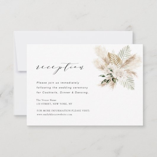 Moderne Boho Pampas Groen Bruiloft Receptie Kaart (Voorkant)