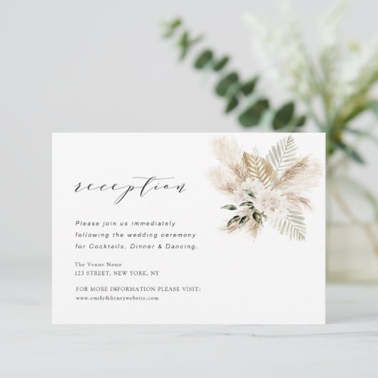 Moderne Boho Pampas Groen Bruiloft Receptie Kaart (Staand voorkant)