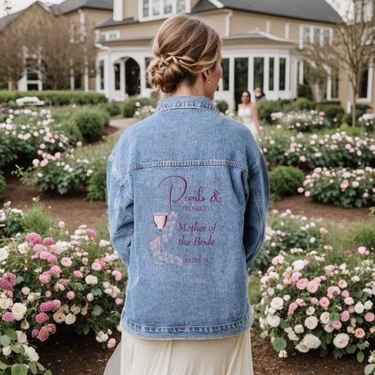 Moderne Boho Parels & Prosecco Moeder van de Bruid Denim Jacket (Huwelijk Achterkant)