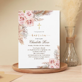 Moderne Boho Pink Floral Baptism uitnodiging