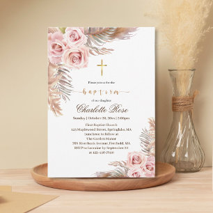 Moderne Boho Pink Floral Baptism uitnodiging