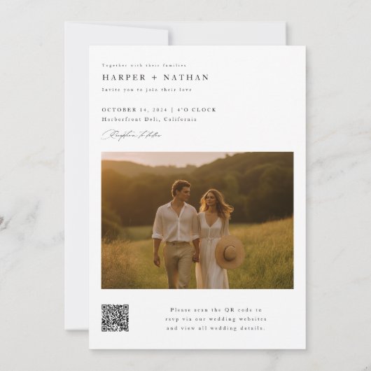 Moderne Boho QR CODE Eenvoudig 2 foto bruiloft Kaart (Achterkant)