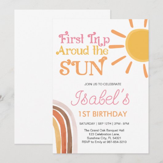 Moderne Boho Rainbow Eerste verjaardag, roze 1e Ge Kaart (Voorkant / Achterkant)