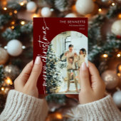 Moderne Boho Red Merry Christmas Arch Foto Feestdagenkaart