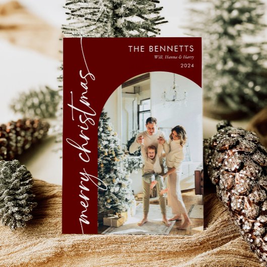 Moderne Boho Red Merry Christmas Arch Foto Feestdagenkaart