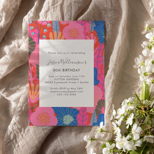 Moderne Boho Rode Bloemen 80e Verjaardagsfeestje Kaart