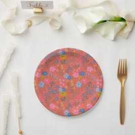 Moderne Boho Rode Bloemrijke Wilde Bloemen Papieren Bordje
