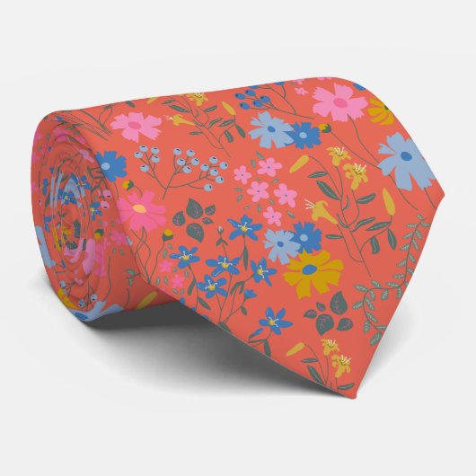 Moderne Boho Rode Bloemrijke Wilde Bloemen Stropdas (Opgerold)