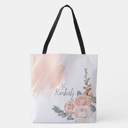 Moderne Boho Roze Bloem Initialen Naam Monogram Tote Bag (Voorkant)