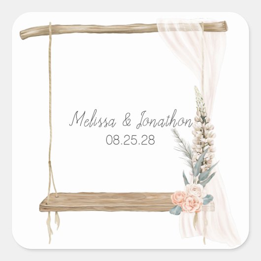 Moderne Boho Roze Elegante Bloemige Bruiloft Vierkante Sticker (Voorkant)