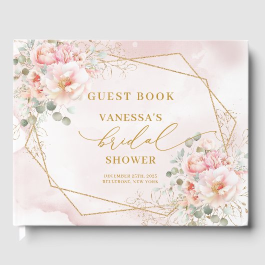 Moderne Boho Roze Gouden Bloemenlijst Bruidsfeest Gastenboek (Voorkant)
