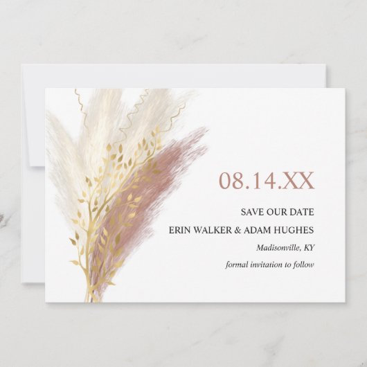 Moderne Boho Roze Gouden Pampagras  Save The Date (Voorkant)