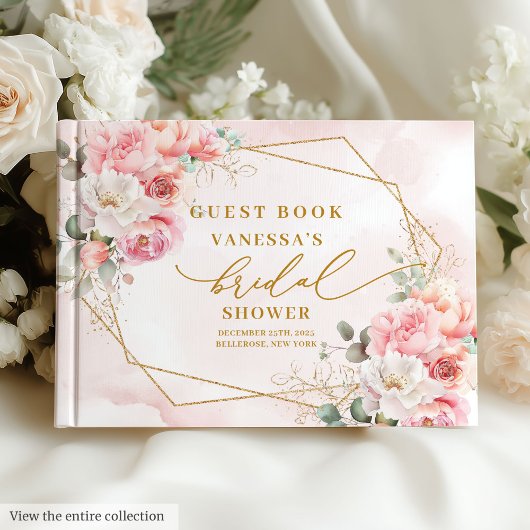 Moderne Boho Roze Roze Gouden Bloemrijke Bruidsdou Gastenboek