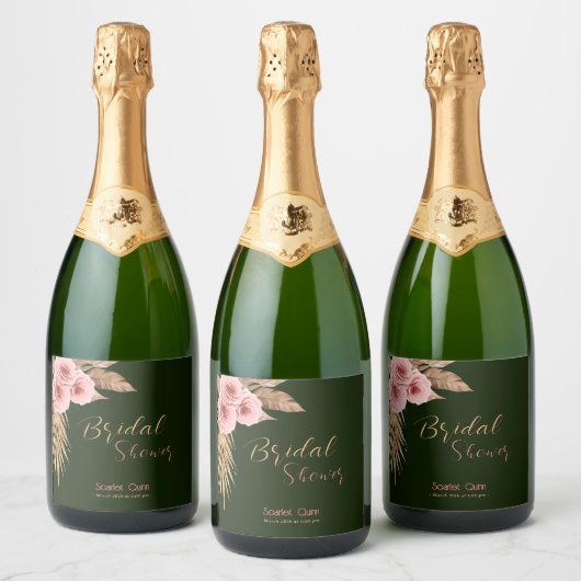 Moderne boho roze rozen bos bruidsfeest #2 sparkling wijnetiket (Flessen)