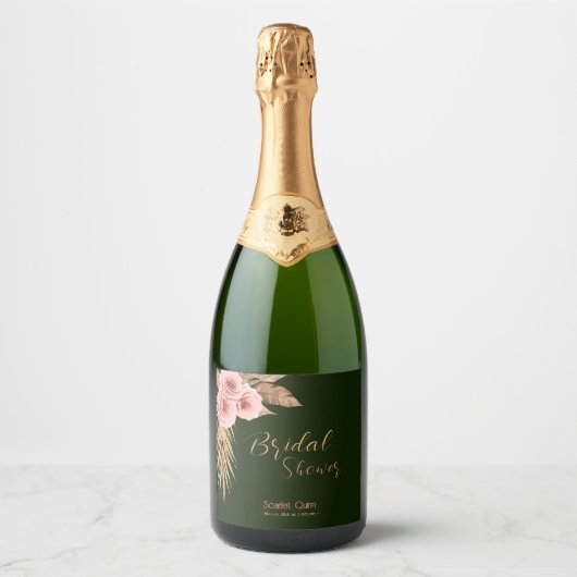 Moderne boho roze rozen bos bruiloftsshower #2 sparkling wijnetiket (Voorkant)